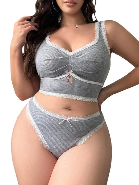 Plus Size 2 Piece Lingerie for Women Sexy Bra and Panty Set knitted Lingerie Set