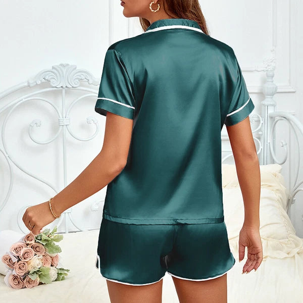 Ladies Satin Silk Pyjamas Nightwear PJs Set Women Short Sleeve Button Sleepwear