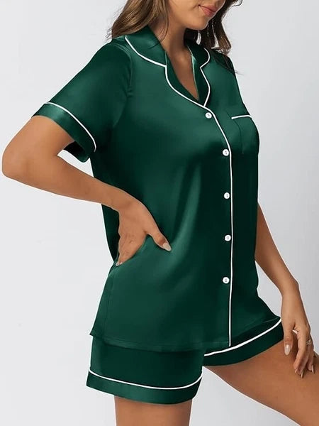 Women Silk Satin Pajamas Set Short Sleeve Button-Down Sleepwear Loungewear Charm
