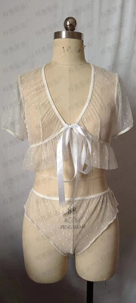 Sexy Lingerie Self Tie Trim Dots Mesh Lingerie Set See Through Bra and Panty US