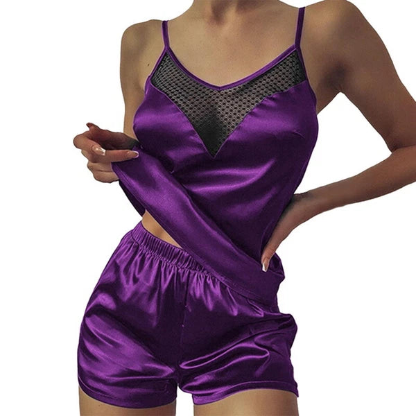 2pcs Womens Sexy Satin Silk Lace Cami Vest Shorts Lingerie Pyjamas Nightwear Set