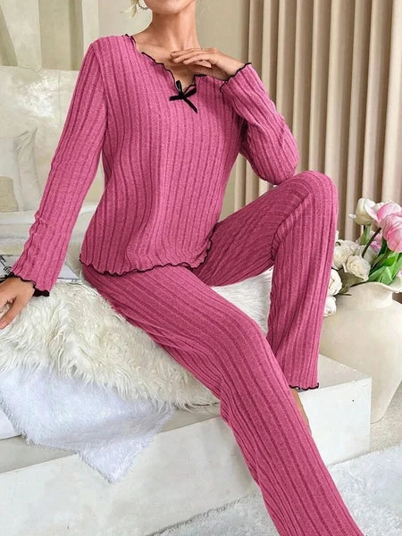 Women Sleepwear Ribbed Pajamas Set Long Sleeve Top and Long Pants 2 Piece Set