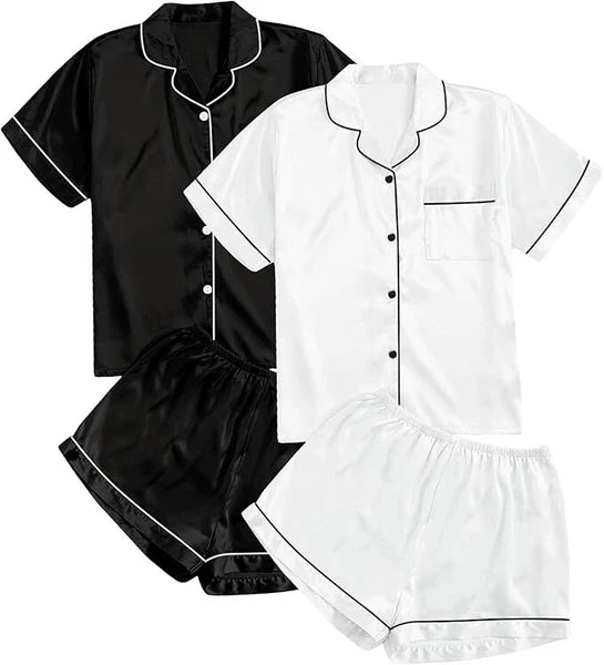 Women Silk Satin Pajamas Set Short Sleeve Button-Down Sleepwear Loungewear Charm