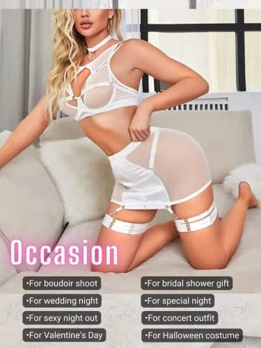 Sexy Garter Belt Set Women High Waist Lingerie Babydoll 4pcs Nightwear Sleepwear