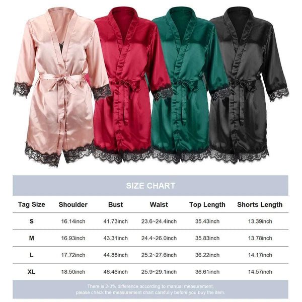 4Pcs Women' Silk Satin Pajamas Set Lingerie Floral Lace Cami Sleepwear with Robe