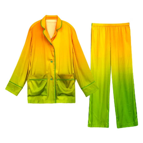 Orange Women PajamaSet Long Sleeve Spring Autumn Sleepwear Thin Green Home Suit