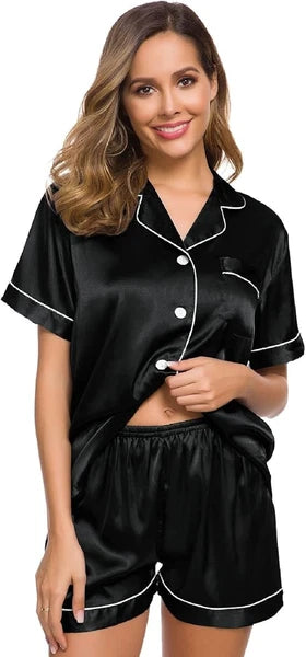 Women Silk Satin Pajamas Set Short Sleeve Button-Down Sleepwear Loungewear Charm