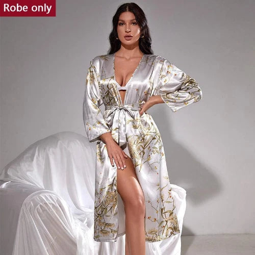 Womens Satin Chemise Kimono Bathrobe Gown Set Sexy Loungewear V-Neck Sleepwear