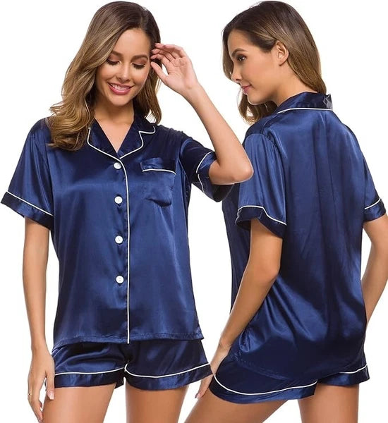 Women Silk Satin Pajamas Set Short Sleeve Button-Down Sleepwear Loungewear Charm
