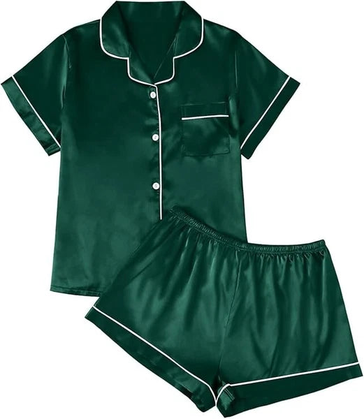 Women Silk Satin Pajamas Set Short Sleeve Button-Down Sleepwear Loungewear Charm