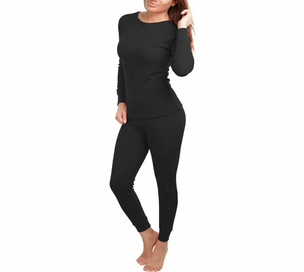 Women 2pc Premium Cotton Waffle Knit Thermal Underwear Stretch Top & Bottom Set
