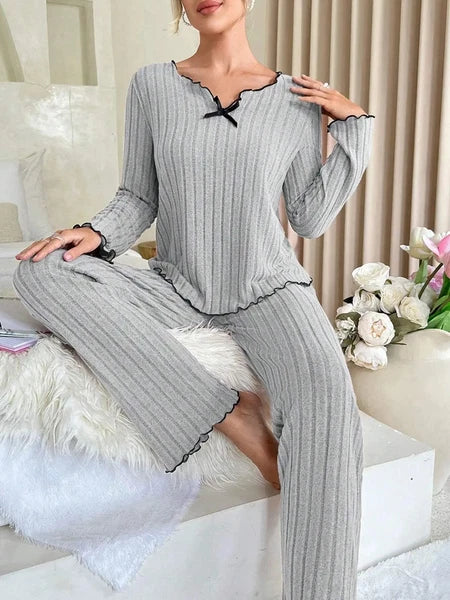 Women Sleepwear Ribbed Pajamas Set Long Sleeve Top and Long Pants 2 Piece Set