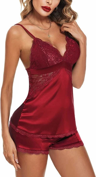 Womens Sexy Lingerie Silk Pajamas Set Sleepwear Satin Cami Vest Nightwear Pyjama