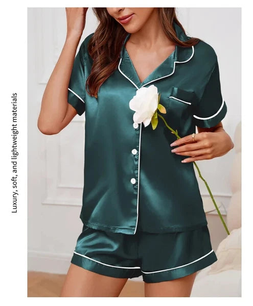 Summer Women Pajamas  Button Down Top&Shorts 2 Pieces Sleepwear Notched Collar