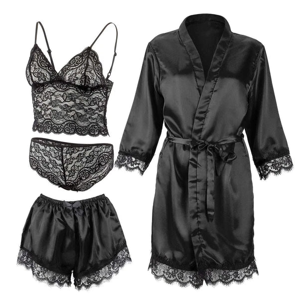 4Pcs Women' Silk Satin Pajamas Set Lingerie Floral Lace Cami Sleepwear with Robe
