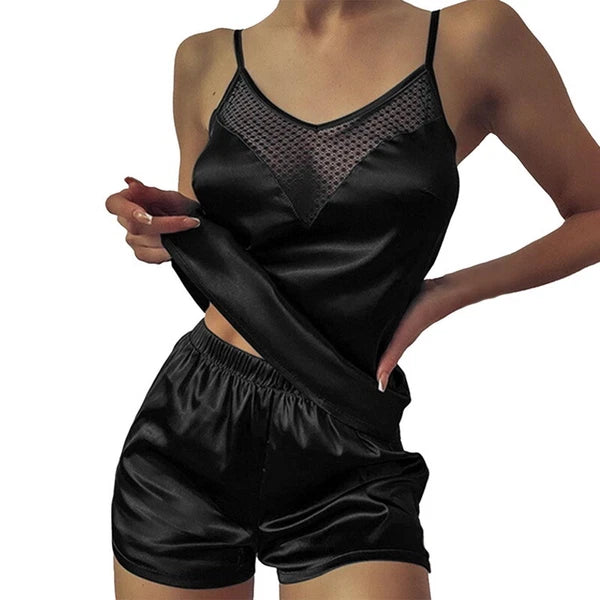 2pcs Womens Sexy Satin Silk Lace Cami Vest Shorts Lingerie Pyjamas Nightwear Set