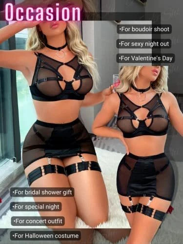Sexy Garter Belt Set Women High Waist Lingerie Babydoll 4pcs Nightwear Sleepwear