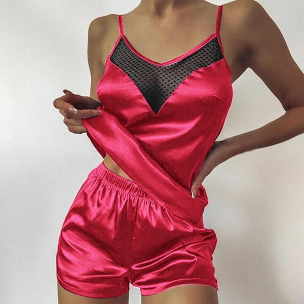 2pcs Womens Sexy Satin Silk Lace Cami Vest Shorts Lingerie Pyjamas Nightwear Set