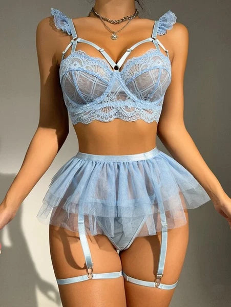 Plue Size Women's Sexy Lingerie Lace Babydoll Bra Thong Set Sleepwear Nightwear