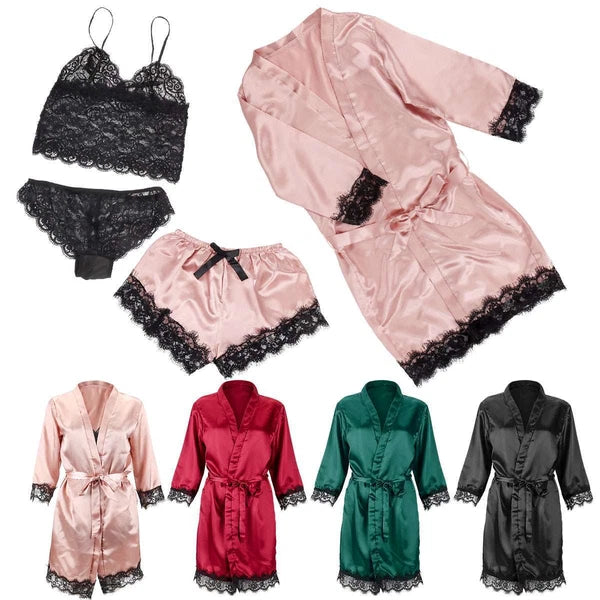 4Pcs Women' Silk Satin Pajamas Set Lingerie Floral Lace Cami Sleepwear with Robe