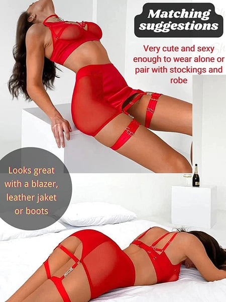 Sexy Garter Belt Set Women High Waist Lingerie Babydoll 4pcs Nightwear Sleepwear