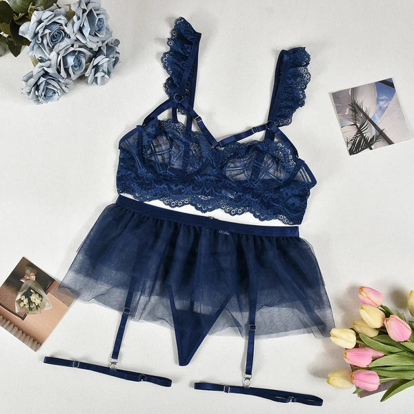 Plue Size Women's Sexy Lingerie Lace Babydoll Bra Thong Set Sleepwear Nightwear