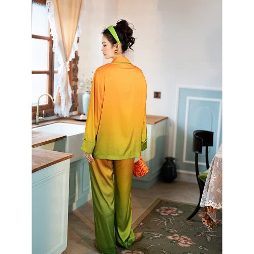 Orange Women PajamaSet Long Sleeve Spring Autumn Sleepwear Thin Green Home Suit