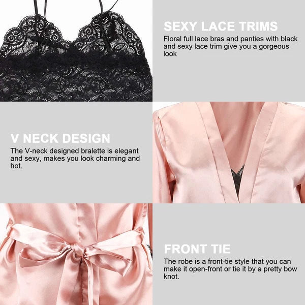 4Pcs Women' Silk Satin Pajamas Set Lingerie Floral Lace Cami Sleepwear with Robe