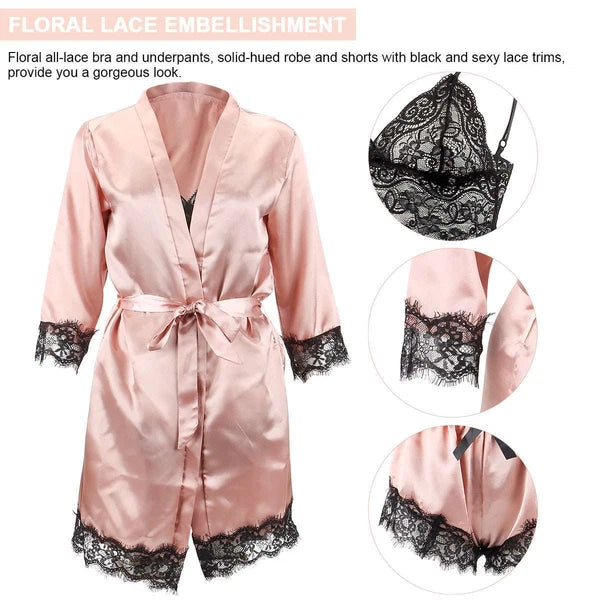 4Pcs Women' Silk Satin Pajamas Set Lingerie Floral Lace Cami Sleepwear with Robe
