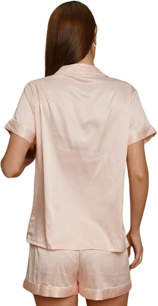 Women Silk Satin Pajamas Set Short Sleeve Button-Down Sleepwear Loungewear Charm