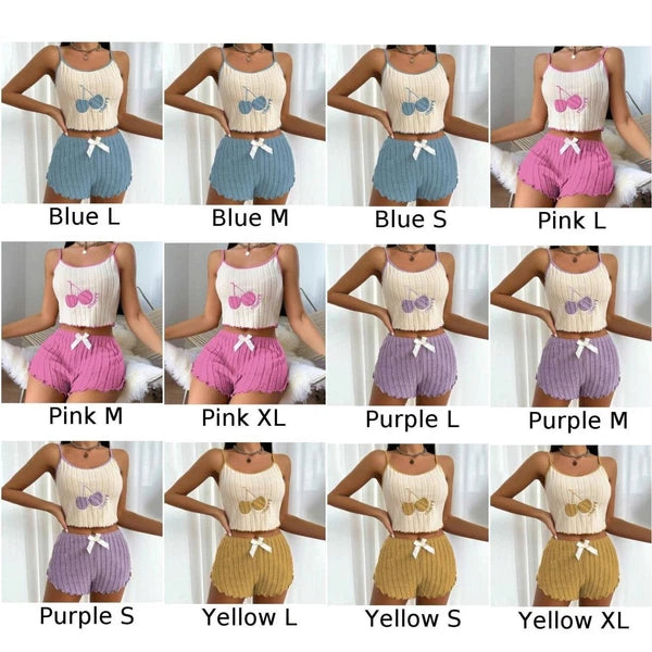 Camisole Shorts Lace Up Pajama Set Moderate Elasticity Printing Pattern