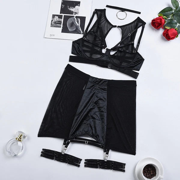 Sexy Garter Belt Set Women High Waist Lingerie Babydoll 4pcs Nightwear Sleepwear