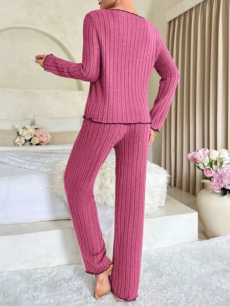 Women Sleepwear Ribbed Pajamas Set Long Sleeve Top and Long Pants 2 Piece Set