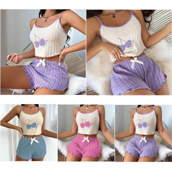 Camisole Shorts Lace Up Pajama Set Moderate Elasticity Printing Pattern