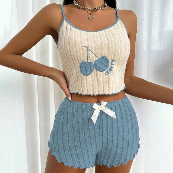 Camisole Shorts Lace Up Pajama Set Moderate Elasticity Printing Pattern
