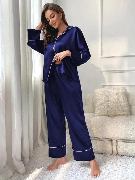 Women‘s Pajamas Set Notched Collar Top&Wide Leg Long Pants 2 Pieces Sleepwear