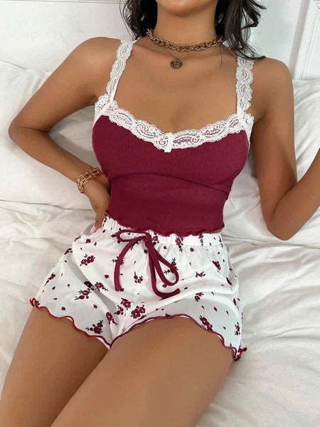 Sexy Satin Lace PJs Cami Set Camisole Shorts French Knickers Vest Nightwear Xmas