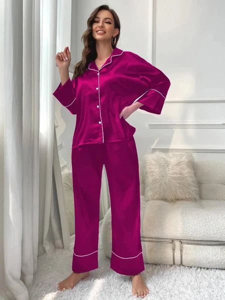Women‘s Pajamas Set Notched Collar Top&Wide Leg Long Pants 2 Pieces Sleepwear