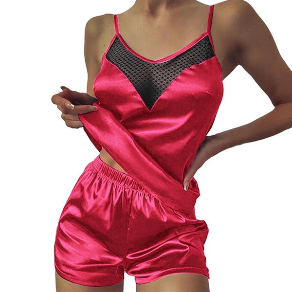 2pcs Womens Sexy Satin Silk Lace Cami Vest Shorts Lingerie Pyjamas Nightwear Set