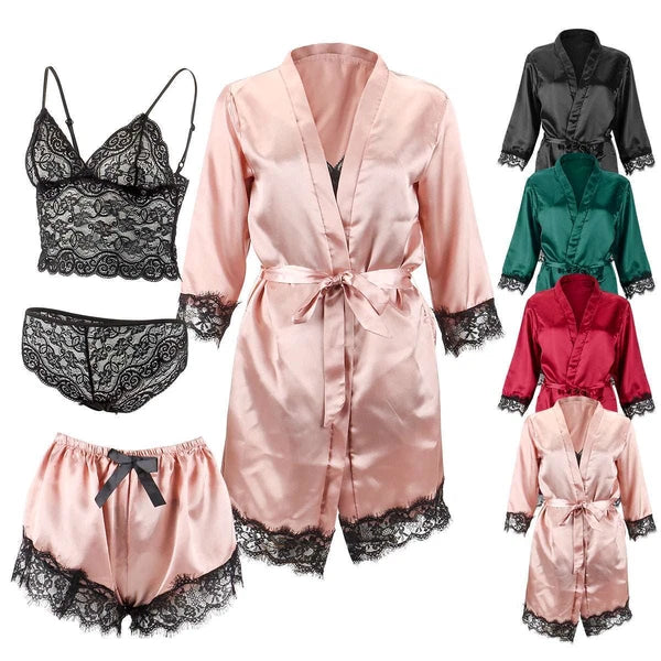4Pcs Women' Silk Satin Pajamas Set Lingerie Floral Lace Cami Sleepwear with Robe