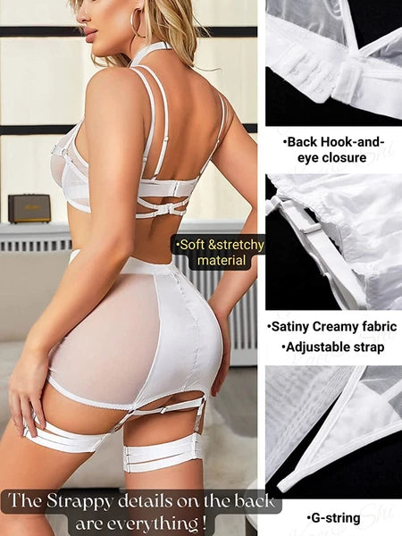 Sexy Garter Belt Set Women High Waist Lingerie Babydoll 4pcs Nightwear Sleepwear