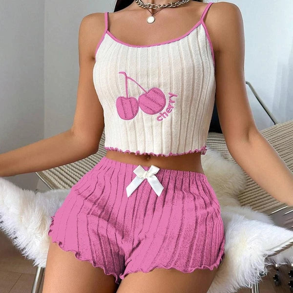 Camisole Shorts Lace Up Pajama Set Moderate Elasticity Printing Pattern