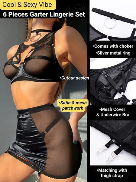Sexy Garter Belt Set Women High Waist Lingerie Babydoll 4pcs Nightwear Sleepwear