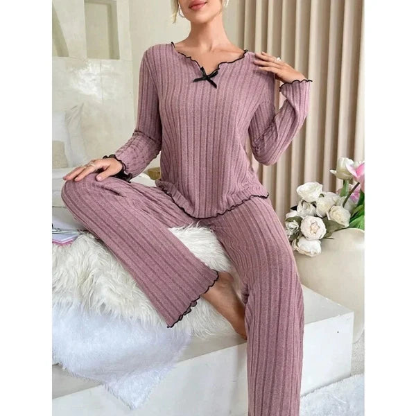 Women Sleepwear Ribbed Pajamas Set Long Sleeve Top and Long Pants 2 Piece Set