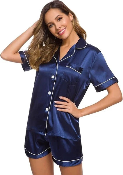 Women Silk Satin Pajamas Set Short Sleeve Button-Down Sleepwear Loungewear Charm