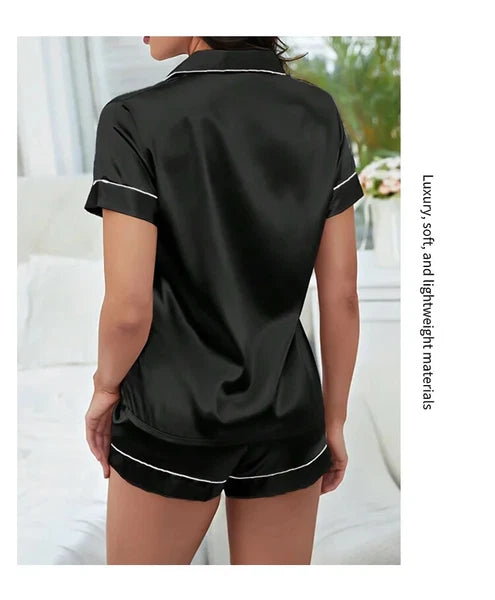 Summer Women Pajamas  Button Down Top&Shorts 2 Pieces Sleepwear Notched Collar