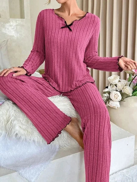 Women Sleepwear Ribbed Pajamas Set Long Sleeve Top and Long Pants 2 Piece Set