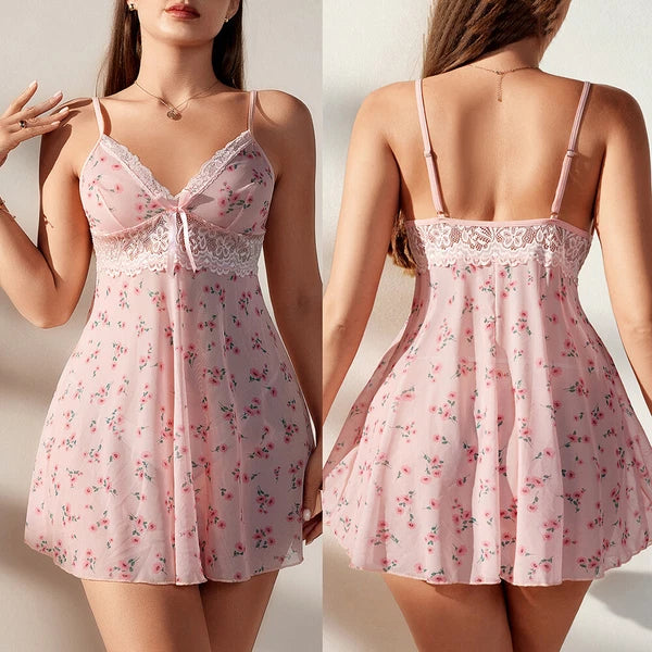 Sexy Women V-Neck Lingerie Lace Babydoll Mini Nightwear Sleepwear Slip Dress Set