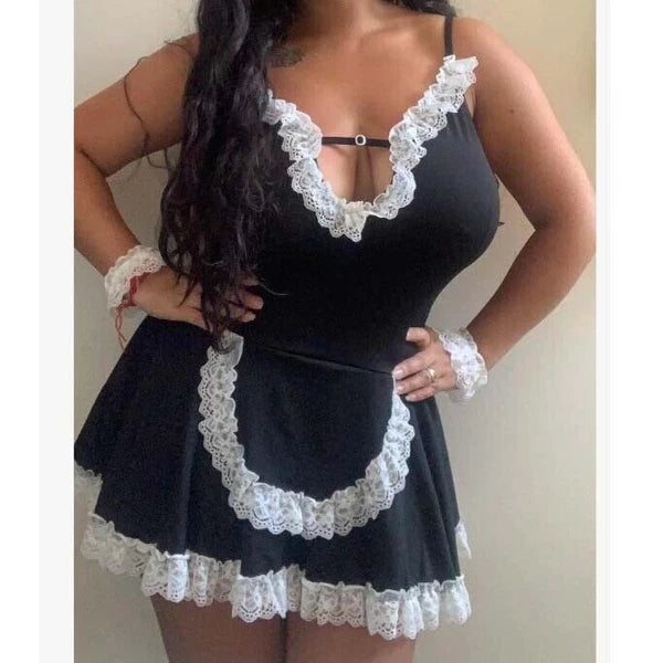 Plus Size Maid Nurse Dress Set Sexy Lingerie Lady Lace Bodysuit Pajamas Babydoll