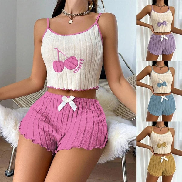 Camisole Shorts Lace Up Pajama Set Moderate Elasticity Printing Pattern